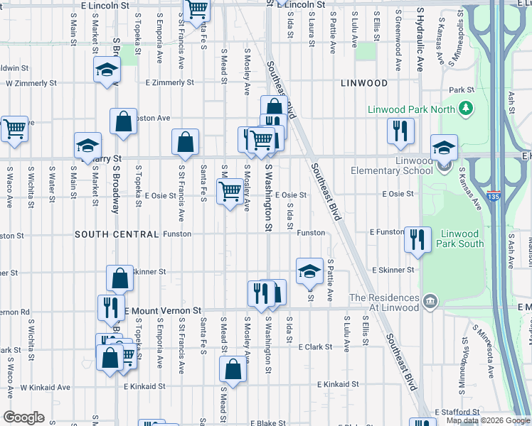 map of restaurants, bars, coffee shops, grocery stores, and more near 1716 Washington South in Wichita
