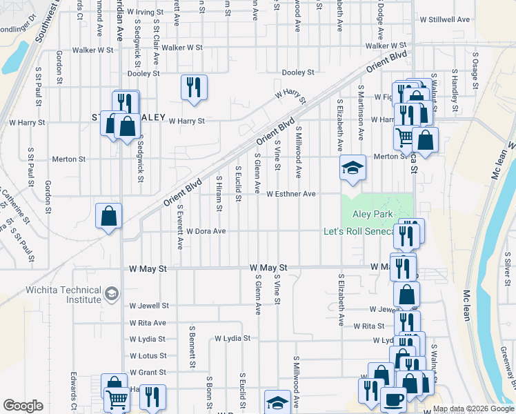 map of restaurants, bars, coffee shops, grocery stores, and more near 1808 South Glenn Avenue in Wichita