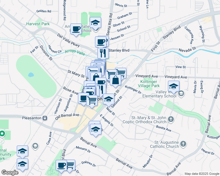 map of restaurants, bars, coffee shops, grocery stores, and more near 4324 Railroad Avenue in Pleasanton