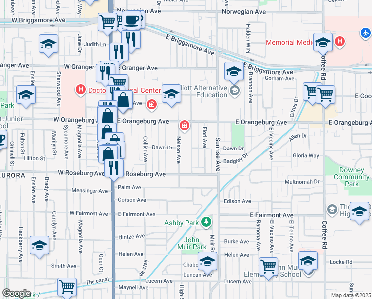map of restaurants, bars, coffee shops, grocery stores, and more near 1248 Nelson Avenue in Modesto