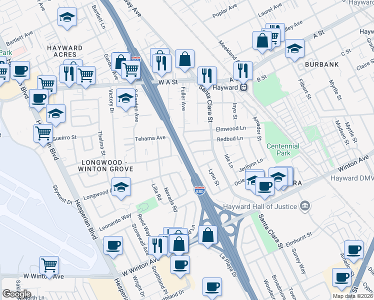 map of restaurants, bars, coffee shops, grocery stores, and more near 22857 Fuller Avenue in Hayward