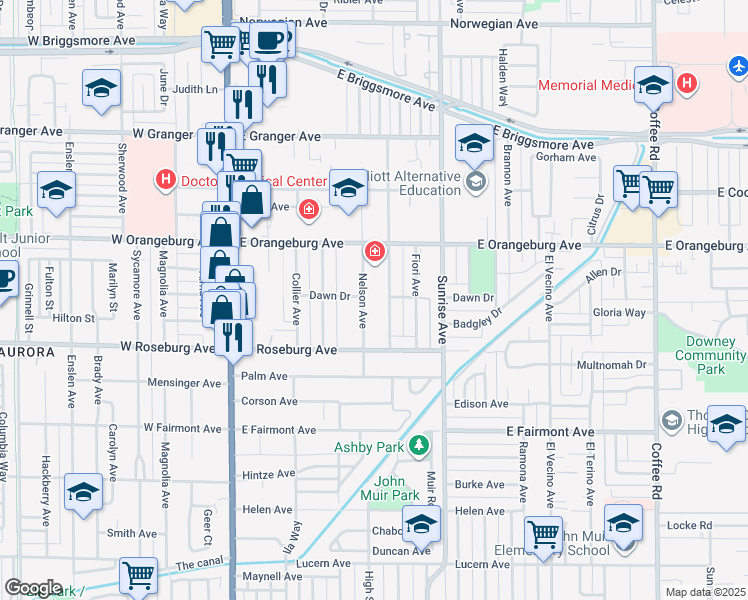 map of restaurants, bars, coffee shops, grocery stores, and more near 1248 Nelson Avenue in Modesto