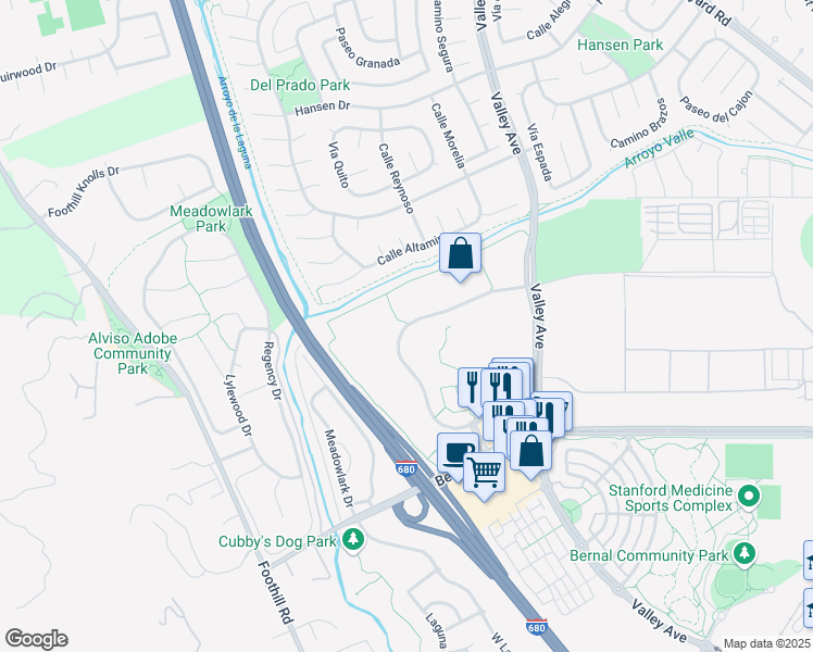 map of restaurants, bars, coffee shops, grocery stores, and more near 6954 Koll Center Parkway in Pleasanton