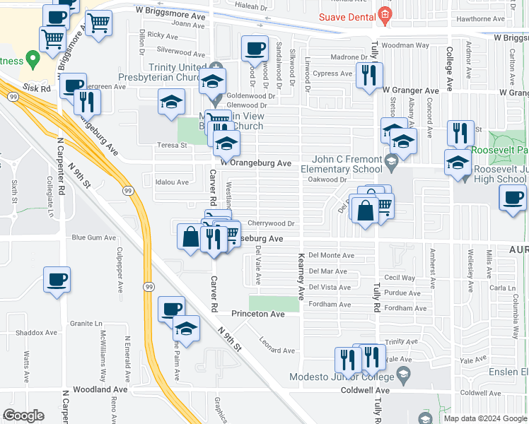 map of restaurants, bars, coffee shops, grocery stores, and more near 1538 Maplewood Drive in Modesto
