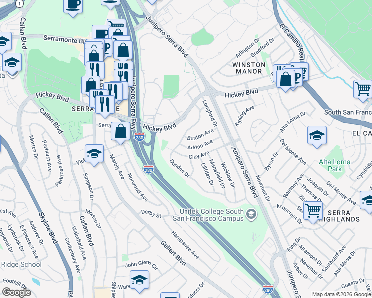 map of restaurants, bars, coffee shops, grocery stores, and more near 137 Adrian Avenue in South San Francisco