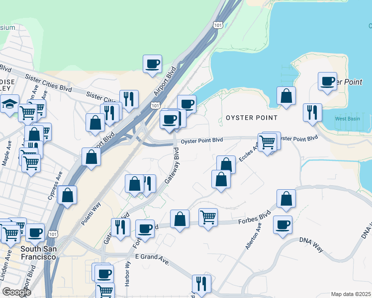 map of restaurants, bars, coffee shops, grocery stores, and more near 1000 Gateway Boulevard in South San Francisco