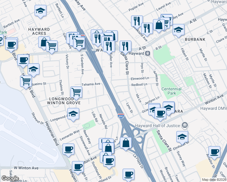 map of restaurants, bars, coffee shops, grocery stores, and more near 22857 Fuller Avenue in Hayward