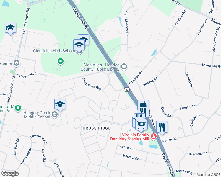 map of restaurants, bars, coffee shops, grocery stores, and more near 10624 Saluda Avenue in Glen Allen