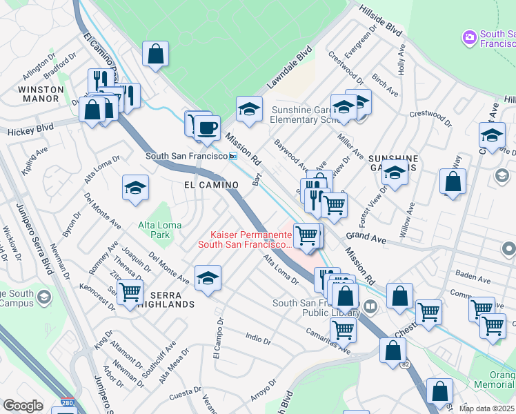 map of restaurants, bars, coffee shops, grocery stores, and more near 1383 El Camino Real in South San Francisco