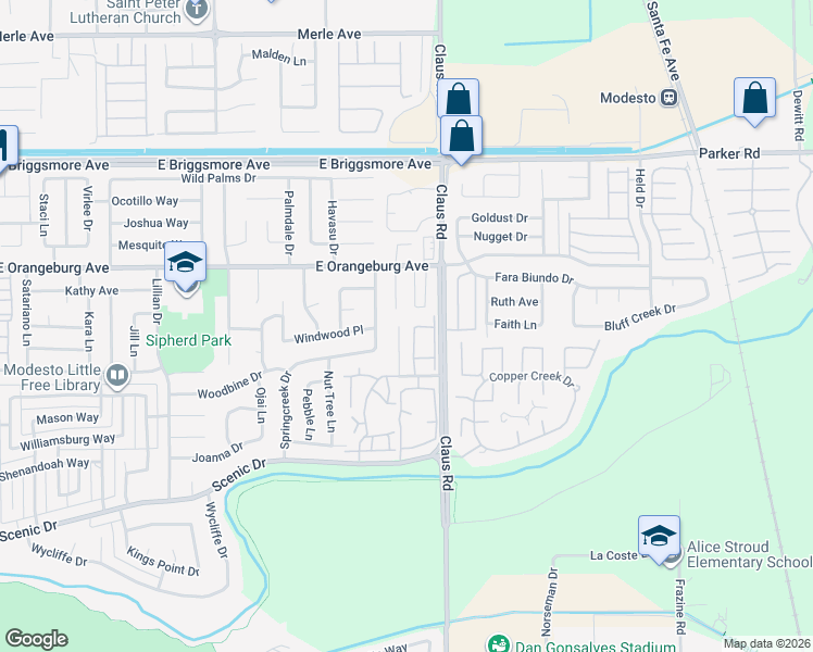 map of restaurants, bars, coffee shops, grocery stores, and more near 1232 Cedar Creek Court in Modesto