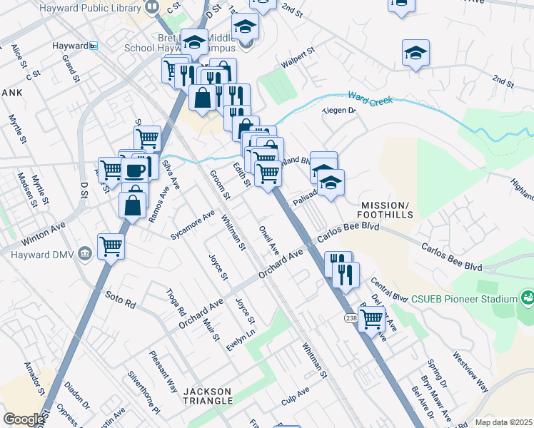 map of restaurants, bars, coffee shops, grocery stores, and more near 24659 Mission Boulevard in Hayward