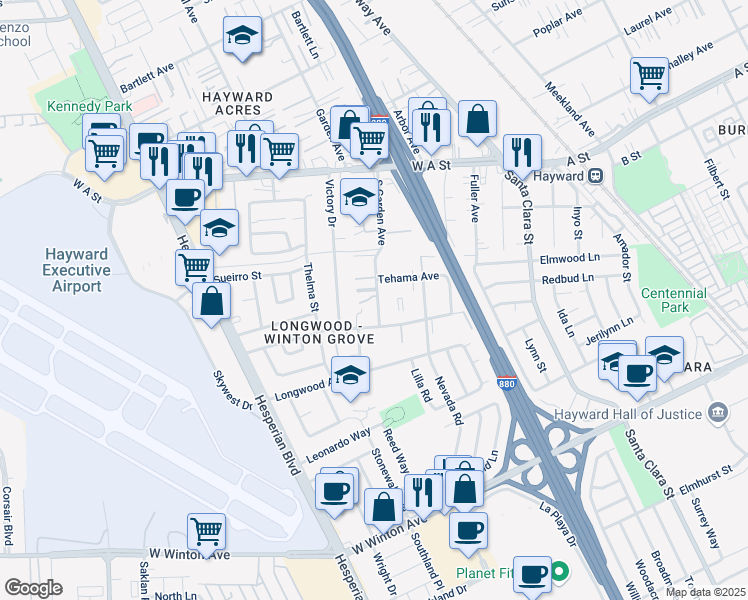 map of restaurants, bars, coffee shops, grocery stores, and more near 22429 South Garden Avenue in Hayward