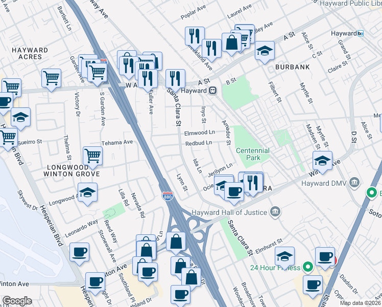 map of restaurants, bars, coffee shops, grocery stores, and more near 23047 Ida Lane in Hayward