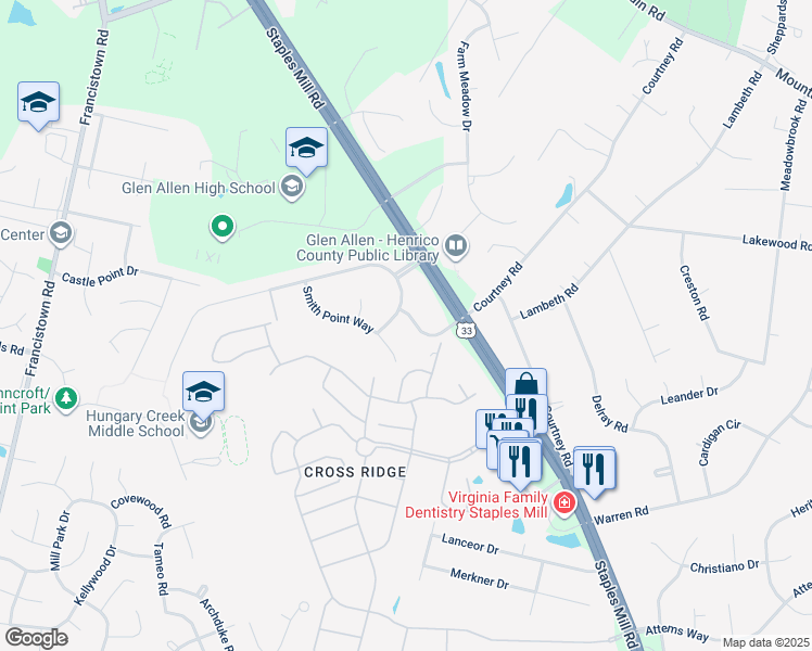 map of restaurants, bars, coffee shops, grocery stores, and more near 10624 Saluda Avenue in Glen Allen