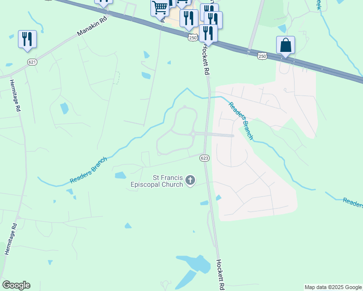 map of restaurants, bars, coffee shops, grocery stores, and more near 1696 Centerville Parke Lane in Manakin-Sabot