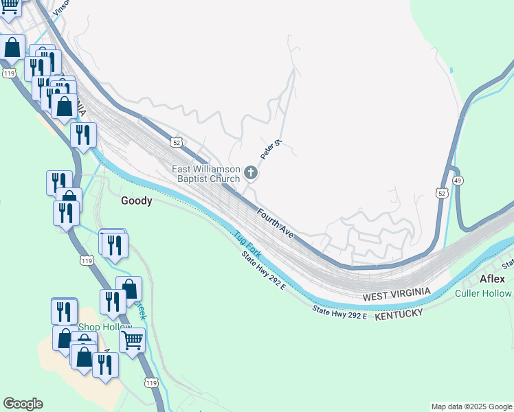 map of restaurants, bars, coffee shops, grocery stores, and more near 973-987 Sycamore St in Williamson