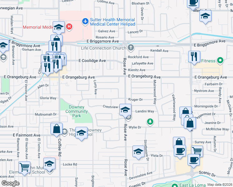 map of restaurants, bars, coffee shops, grocery stores, and more near 1312 Nelda Way in Modesto