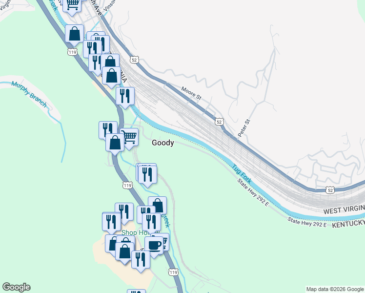map of restaurants, bars, coffee shops, grocery stores, and more near 101-499 Kentucky 292 in Belfry