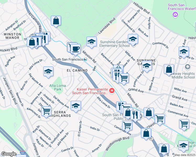 map of restaurants, bars, coffee shops, grocery stores, and more near 1383 El Camino Real in South San Francisco