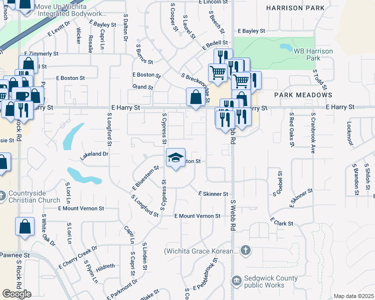 map of restaurants, bars, coffee shops, grocery stores, and more near 9236 East Funston Court in Wichita