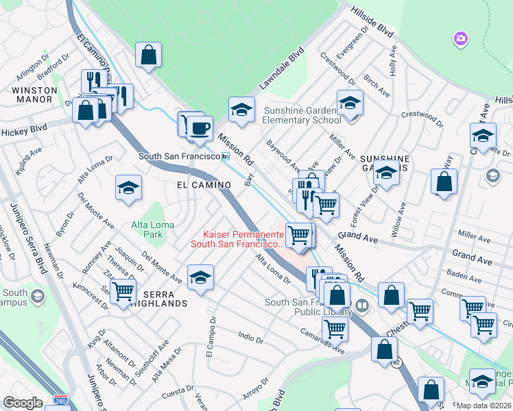 map of restaurants, bars, coffee shops, grocery stores, and more near 1400 El Camino Real in South San Francisco