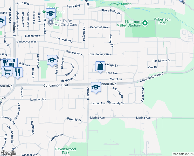 map of restaurants, bars, coffee shops, grocery stores, and more near 2192 Foscalina Court in Livermore