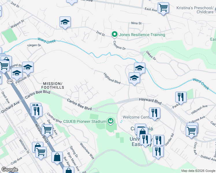 map of restaurants, bars, coffee shops, grocery stores, and more near 1759 Highland Blvd in Hayward