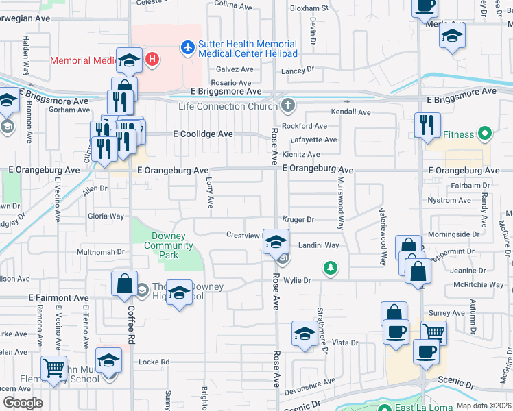 map of restaurants, bars, coffee shops, grocery stores, and more near 1312 Nelda Way in Modesto