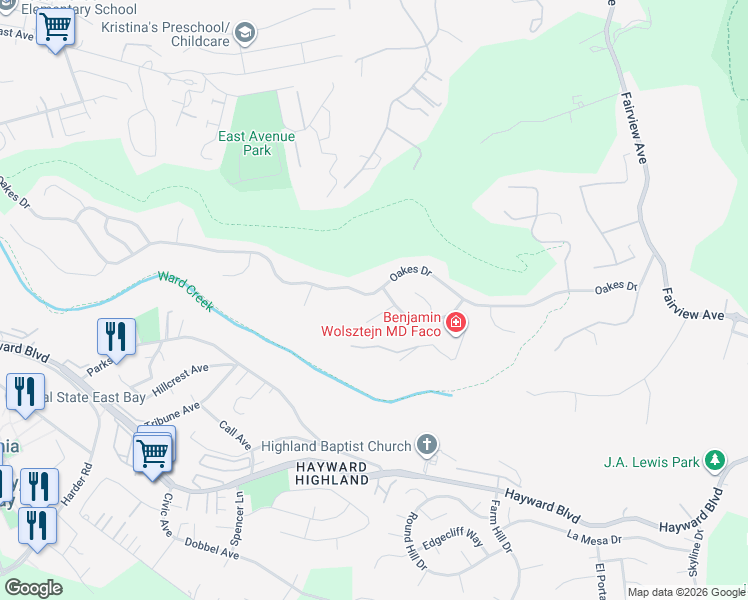map of restaurants, bars, coffee shops, grocery stores, and more near 3595 Oakes Drive in Hayward