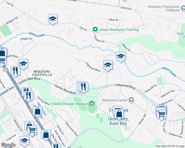 map of restaurants, bars, coffee shops, grocery stores, and more near 1759 Highland Boulevard in Hayward
