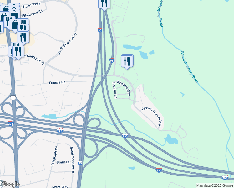 map of restaurants, bars, coffee shops, grocery stores, and more near 830 Brassie Lane in Glen Allen