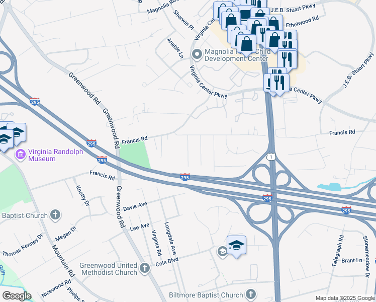 map of restaurants, bars, coffee shops, grocery stores, and more near 10020 Virginia Road in Glen Allen