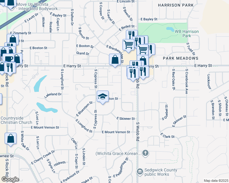 map of restaurants, bars, coffee shops, grocery stores, and more near 9236 East Funston Court in Wichita