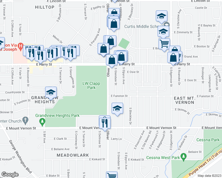 map of restaurants, bars, coffee shops, grocery stores, and more near 1671 South Glendale Street in Wichita