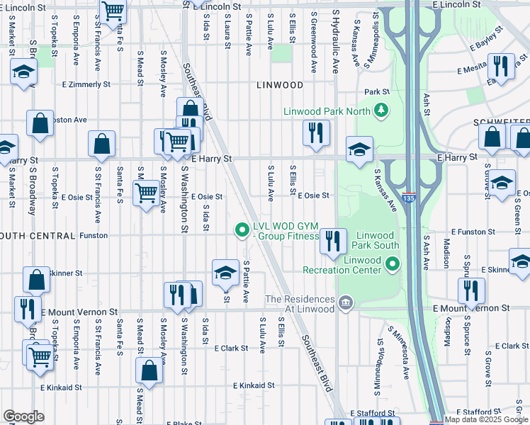 map of restaurants, bars, coffee shops, grocery stores, and more near 1721 South Lulu Street in Wichita