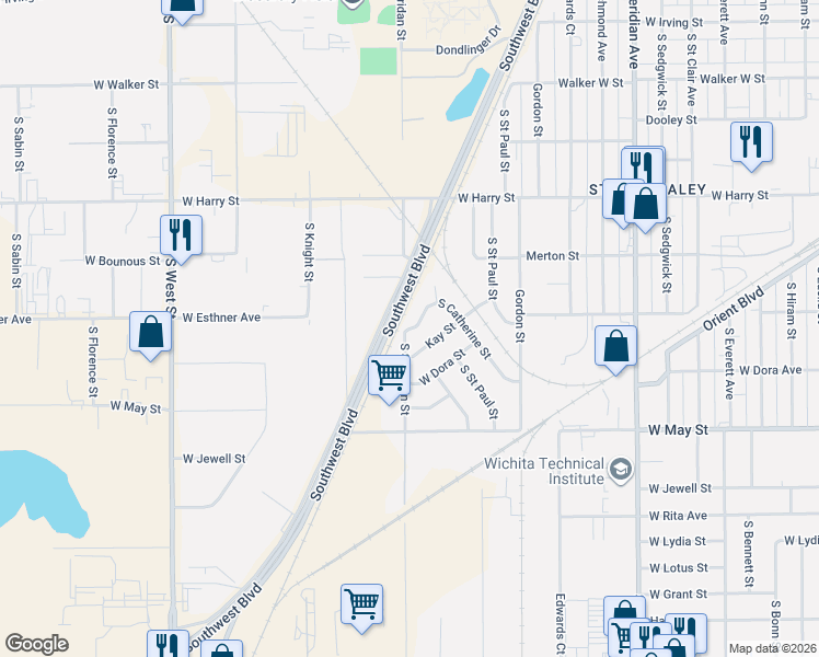 map of restaurants, bars, coffee shops, grocery stores, and more near 1702 Catherine Street in Wichita