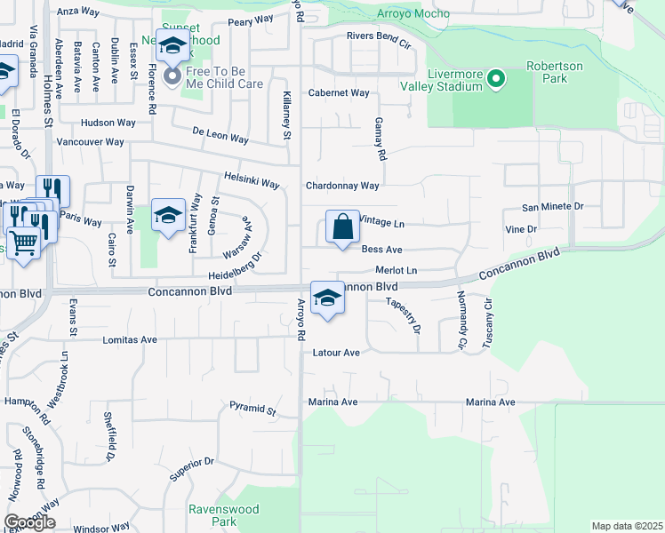 map of restaurants, bars, coffee shops, grocery stores, and more near 2192 Foscalina Court in Livermore