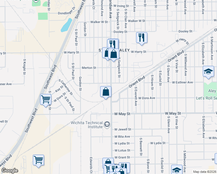 map of restaurants, bars, coffee shops, grocery stores, and more near 1812 South Meridian Avenue in Wichita