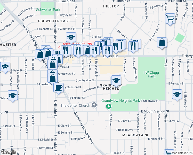 map of restaurants, bars, coffee shops, grocery stores, and more near 1750 South Roosevelt Street in Wichita