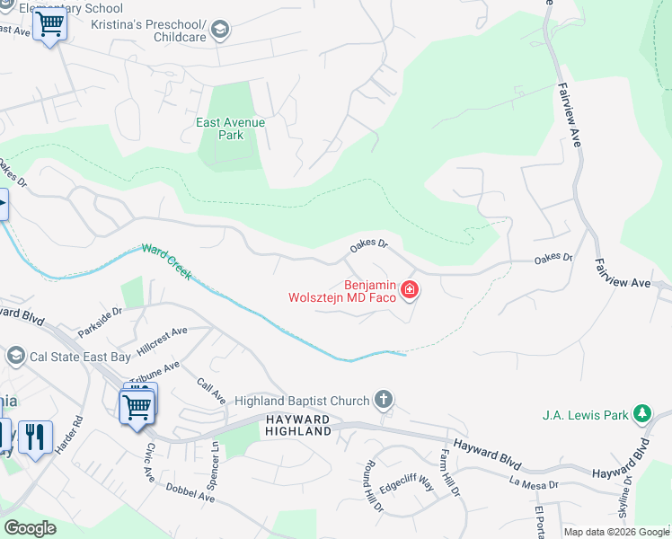 map of restaurants, bars, coffee shops, grocery stores, and more near 3595 Oakes Drive in Hayward