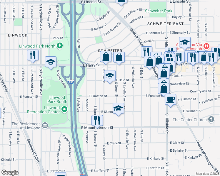 map of restaurants, bars, coffee shops, grocery stores, and more near 2515 East Osie Street in Wichita