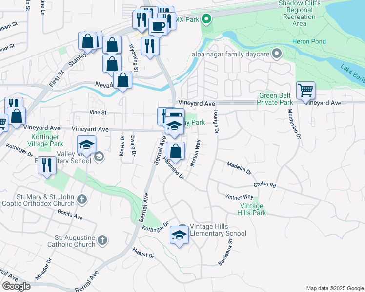 map of restaurants, bars, coffee shops, grocery stores, and more near 630 Saint Francis Way in Pleasanton