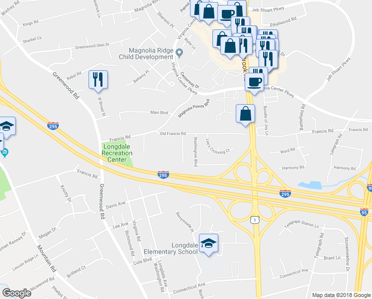 map of restaurants, bars, coffee shops, grocery stores, and more near 10015 Crystal Lake Avenue in Glen Allen