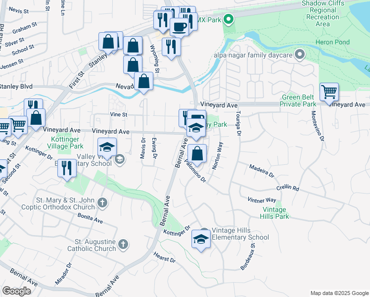 map of restaurants, bars, coffee shops, grocery stores, and more near 3560 Bernal Avenue in Pleasanton