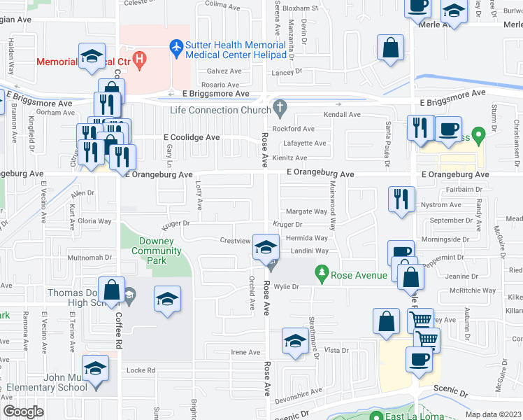 map of restaurants, bars, coffee shops, grocery stores, and more near 1309 Rose Avenue in Modesto