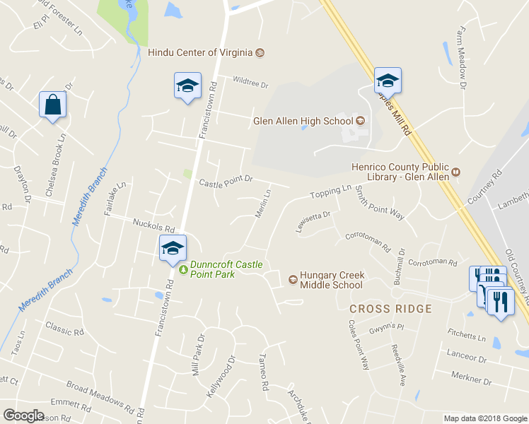 map of restaurants, bars, coffee shops, grocery stores, and more near 5001 Merlin Lane in Glen Allen