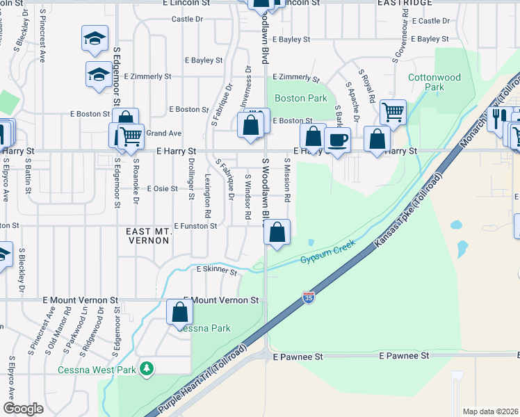 map of restaurants, bars, coffee shops, grocery stores, and more near 1714 Windsor Street in Wichita