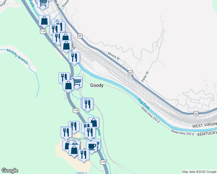 map of restaurants, bars, coffee shops, grocery stores, and more near 101-499 Kentucky 292 in Belfry