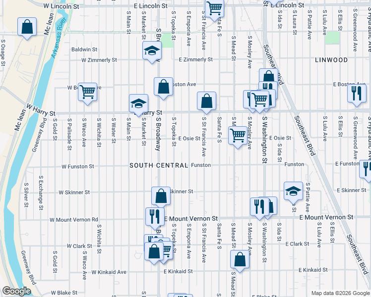 map of restaurants, bars, coffee shops, grocery stores, and more near 1715 South Emporia Avenue in Wichita