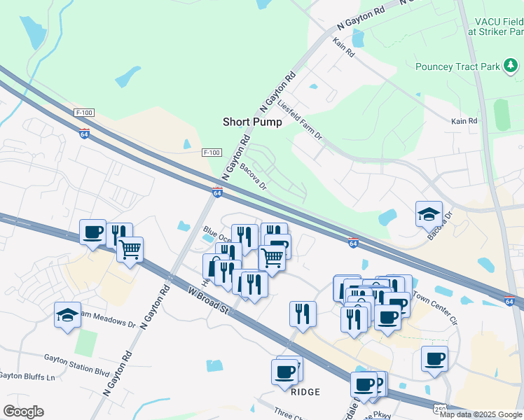 map of restaurants, bars, coffee shops, grocery stores, and more near Interstate 64 in Henrico